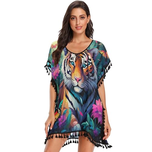 Forest Flower Animals Tigers Women's Beach Cover Up Chiffon Tassel Swimwear Swimsuit Coverups for Girl