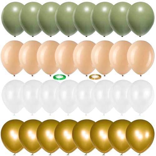 Image of Balloons Green Gold, 60 Packs 12 Inch Retro Sage Green Gold Metallic Balloon, Olive Green White Latex Balloons for Wedding, Birthday, Baby Shower, Safari Jungle Party, Anniversary Decorations