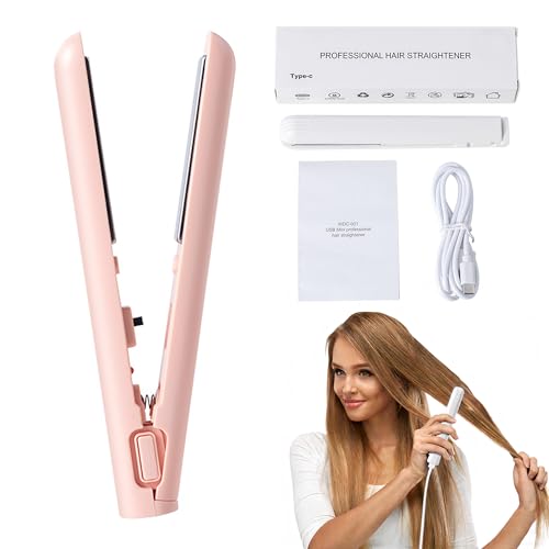 FLYTIN Curling Iron, Mini Dual-Purpose Curling Iron, 2-in-1 Mini Wand & Flat Hair Straightener, Rapid Heating for All Hair Types, Home Travel (Pink)