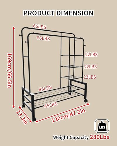 Heavy-Duty Rolling Clothes Rack with Double Rods and Extra Storage