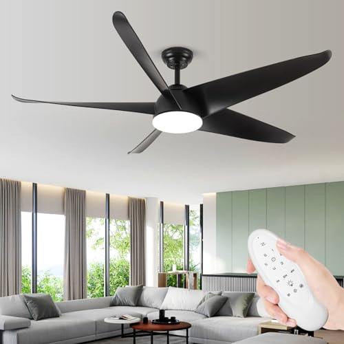MSHENUED Ventilador de teto de 152 cm com luz, ventilador de teto para exteriores, ventilador de teto preto impermeável com controlo remoto, ventilador de alto volume de ar