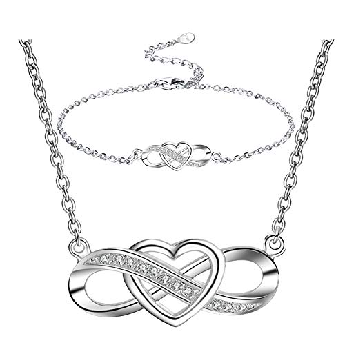 Collar y pulsera de corazón infinito plata 925 antialérgico con cristal brillante