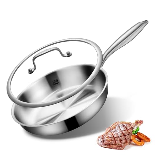 Edelstahl Bratpfanne 24cm mit Deckel Edelstahl Pfanne unbeschichtet 3-lagige Edelstahlpfanne induktion Omelette Schadstofffreie Pfanne für alle Herdarten spülmaschinenfest für Steak Ei (24cm)