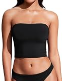 CRZ YOGA Longline Bandeau Bikini Tops for Women - Padded Strapless Adjustable Spaghetti Straps Swimsuit Bathing Crop Tankini Black Small