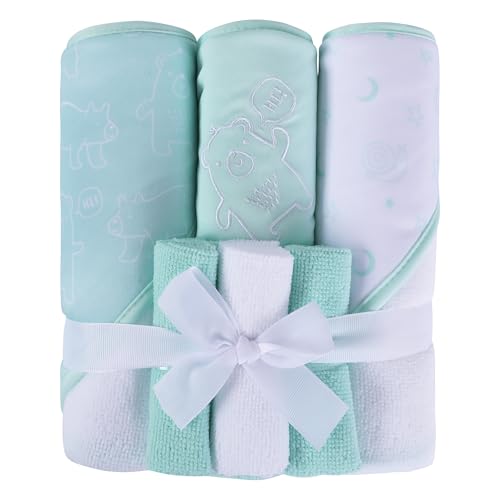 Image of Viviland Baby Towels and Baby Wash Cloths Set Hooded Baby Towels Baby Wipes Absorbent Bath Face Towels Burp Cloths or Face Towels for Girl Boy 6-Pack Size 28 x 28 Inch(Green Bear)