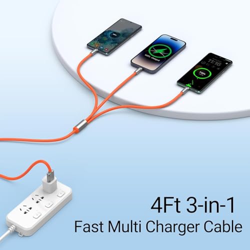 Image of MECHA Multi Charging Cable, 3 in 1 Charger Cable, 120W USB-C Fast Charge, 4ft Universal Charging Cable with iOS /Type-C /Micro USB for Phones, iPad, MacBook - Orange