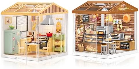 DIY Miniature House Kit Plastic Dollhouse Furniture Set Bakery House & Kitchen Toy Figure Doll House with USB Light Function, Dust Cover and Roof