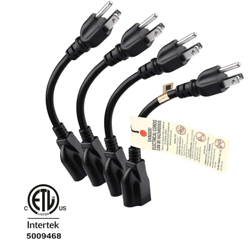 Image of [ETL Listed] Miady Short Power Extension Cord Outlet Saver, 16AWG /13A, 3 Prong (4 Pack, Black, 8 Inch)