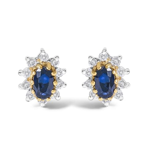 14K Yellow Gold 1/4 Cttw Diamond and Blue Sapphire Sunburst Halo Stud Earrings (K-L Color, I1-I2 Clarity)