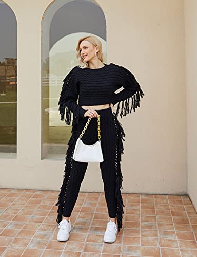 Image of KANSOON 2 Piece Sweater Set for Women Cable Knit Fringe Crop Top and Pants | Cozy feel, ribbed high waist, comfortable stretch fit for birthday and chilly going-out outfits