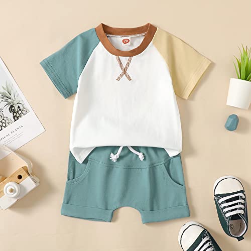 Mainesaka Toddler Baby Boy Summer Clothes Block Color Short Sleeve T-Shirt Top Striped Jogger Shorts 2Pcs Infant Boy Outfits (T-Blue, 18-24 Months) #TOP1