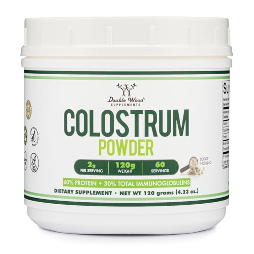 Double Wood Supplements Bovine Colostrum Powder for Women and Men, for Gut Health, Skin & Hair, Immune Support (120 Grams, 60 Day Supply - Standardized to 30% Total Immunoglobulins and 60% Protein)