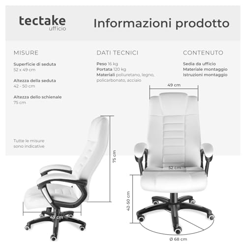 ® Sedia Ufficio, Imbottitura 12 cm, Sedia scrivania con Poggiatesta e Braccioli, Base con Rotelle, Sedia ergonomica con altezza regolabile, Inclinazione Continua, Poltrona Ufficio - Bianco - Sedia gaming - Immagine 1