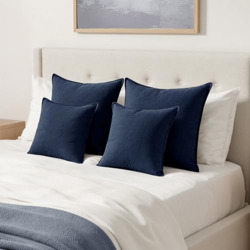 Image of MIULEE Decorative Linen Pillow Covers 24x24 Inch Navy Blue | Boho Farmhouse Neutral Couch Throw Pillows for Bed, Pack of 2 Accent Coastal Modern Pillowcases, Sofa Livingroom Home Decor