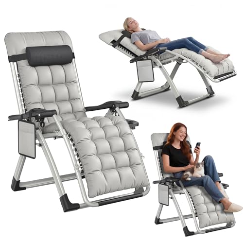 UISEBRT Chaise longue pliable avec fonction allongée, chaise longue réglable de 90 à 170 ° avec coussin de nuque, poche latérale et porte-gobelet, charge...