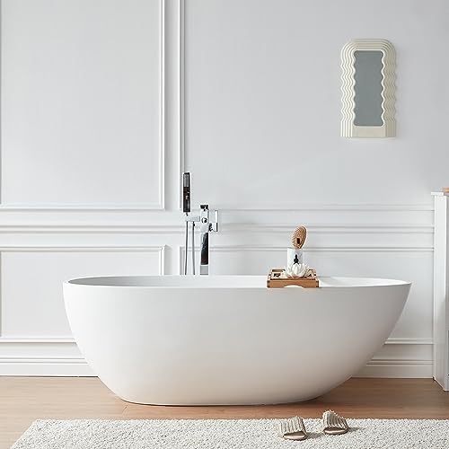 Cpingao 55" Stone Resin Bathtub Freestanding Bathtub, Egg Oval Shaped