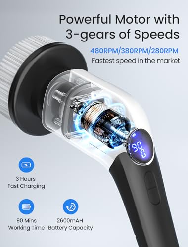 Image of KEIMI Electric Spin Scrubber, Cordless Shower Cleaning Brush with 8 Replaceable Brush Heads, 3 Speeds, Extension Handle, Digital Display, IPX7 Power Scrubber for Bathroom, Tub, Tile and Floor