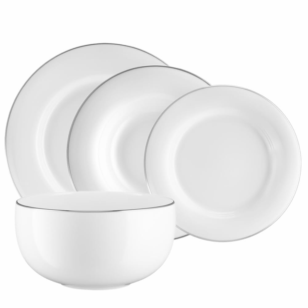 VILLA ITALIA Serwis obiadowy na 12 osób porcelanowy Zestaw naczyń, Zastawa stołowa, Talerz płytki, Talerz głęboki, Talerz deserowy, Salaterka, Misa, PLUS PLATIN NZ138