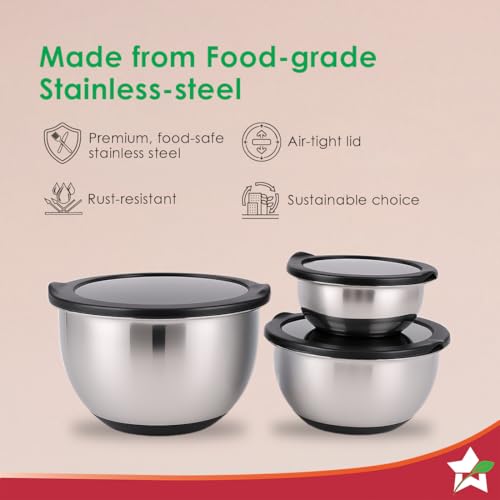 Image of Wonderchef Ambrosia Stainless-Steel 3 Pc. Mixing Bowl Set with Transparent Lid, 10 cm (300ml), 14 cm (470ml), 18 cm (1.5 L) | Stackable, Food-Grade,| Use to Mix, Marinate, Serve | 1-Year Warranty