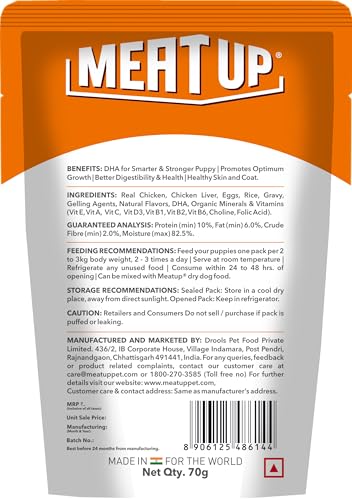 Image of Meat Up Puppy Wet Dog Food (8 x 70g) 560g + 560g Free, Total 1.12kg | Real Chicken in Gravy | Supports Digestion | Boosts Vitality | Complete & Balanced Meal