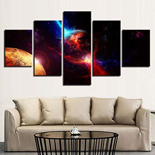 Planète bleu rouge toile 5 pièces pour dynamiser un mur blanc vide
