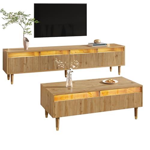 Miniatura 7 de A Alfrescool Juego De Muebles De Salón, Mueble De Tv Con 4 Puertas Y Mesa De Café Con 2 Cajones, Diseño De Madera Dorada, Iluminación Led, Estructura Ondulada Y Frontal Acrílico, Espacio De