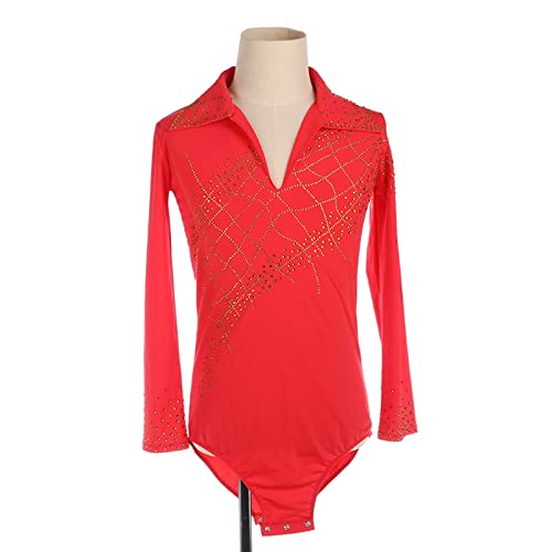 Roupas de patinação artística para meninos e homens, collant vermelho de manga longa strass traje de