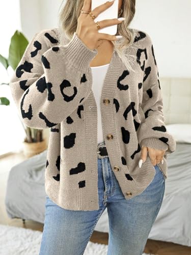 Image of Verdusa Women's Plus Size Cardigan Sweaters Open Front Button Down Leopard Cardigan Long Sleeve Oversize Winter Outfit Apricot Large Plus