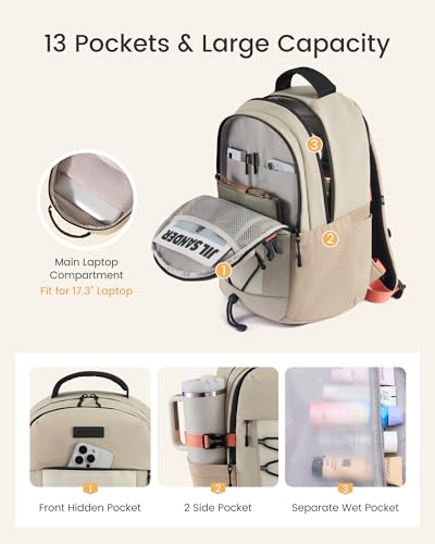 Image of LOVEVOOK College Laptop Backpack, 17.3 Inch Padded Daypack with Giant Tumbler Holder, 13 Pockets Waterproof Work Bag for Commute Nurse Teacher Office Travel