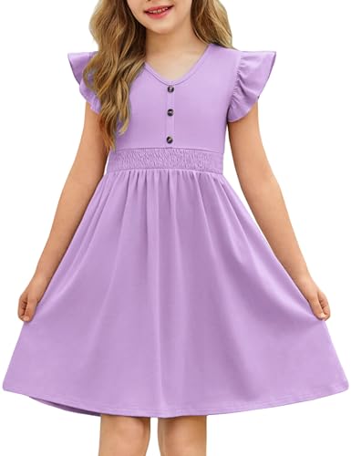 Arshiner Girls Dresses Ruffle Sleeve A-Line V-Neck Sundress Summer Swing Midi Dress with Pockets