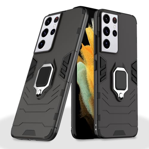 Image of Pikkme D5 Tough Armor Bumper Back Cover Case for Samsung Galaxy S21 Ultra |Ring Holder & Kickstand in-Built (Black)