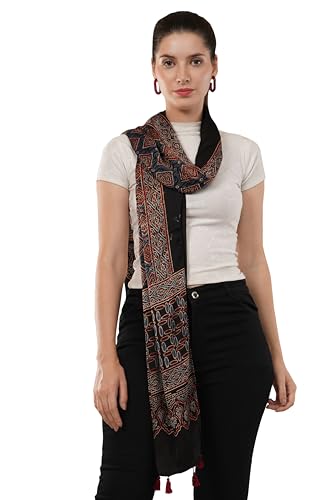Exclusive hand block-printed, natural dyed Modal silk Ajrakh stole,Scarf, Warm Stole, Indian handmade silk stole/scarf with tassels(Design-9)2