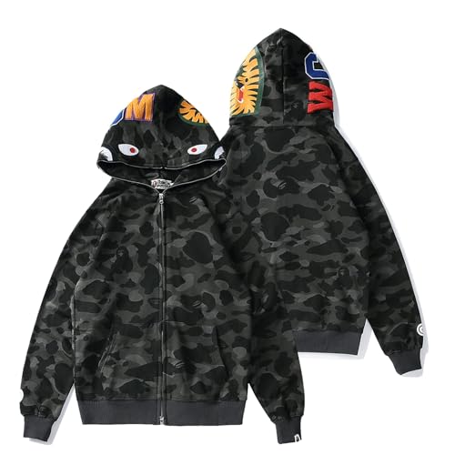 Surbieibg Shark Full Zip Up Hoodie, Camo Sweatshirt For Men Women, Hip Hop Cotton Zipper Hooded For Youth Teenagers Grey - Medium
