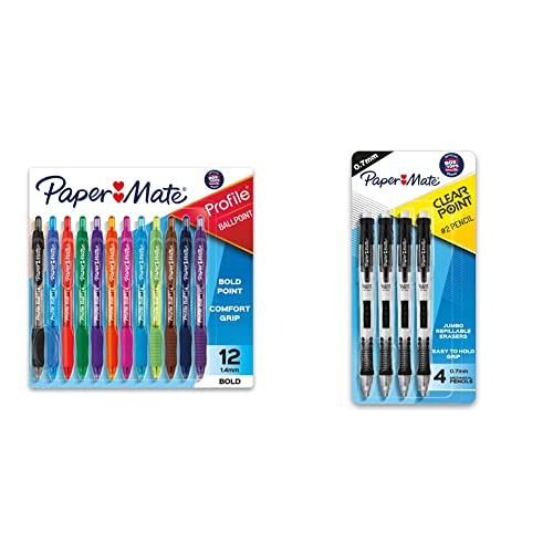 Paper Mate Profile Retractable Ballpoint Pens, Bold (1.4mm), Assorted Colors, 12 Count & Clearpoint Mechanical Pencils, 0.7mm, HB 2, Black Barrels, 4 Count