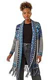 Roman Originals Women Cardigan - Ladies Longline Coatigan Tassel Open Front Cardi Winter Autumn Casual Textured Edge to Edge Yarn Patterned Comfy Work Going Out - Grey Blue - Size 14