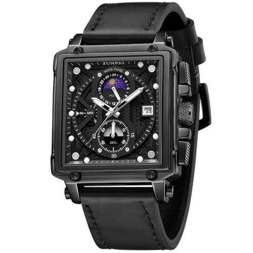 Image of ZUNPAI Moon Phase Watch for Men Multifunction Chronograph Dial Analog Quartz Square Wristwatch Business Dress Watch with Luminous Waterproof Calendar Silicone Strap