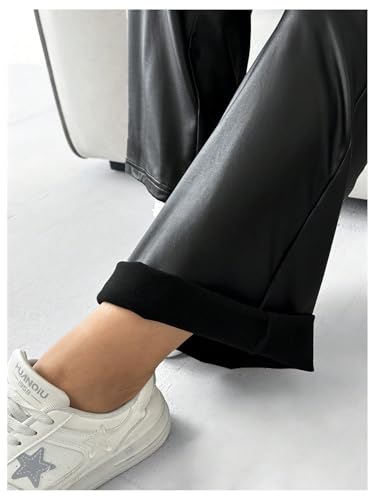 WDIRARA Women's Plus Size Leather Flare Leg Pants High Waist Fashion Casual Long Trousers4