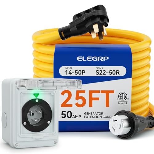 Image of ELEGRP 50 Amp Generator RV Cord 25 FT and Power Inlet Box, Pre-Drilled Generator Inlet Box, NEMA 14-50P to NEMA SS2-50R 6 /3+8 /1 Gauge STW Generator Cord Waterproof Combo Kit, UL Standard Compliant