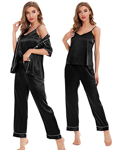 Swomog Womens 4Pcs Pajamas Sets Sexy Cami With Button Down Short Sleeve Shirt Pjs Silk Satin Sleepwear Loungewear A-Black #TOP4