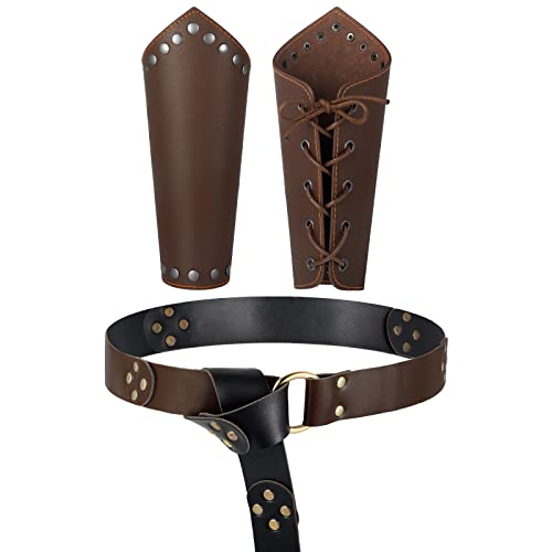 Newcotte 3 Pcs Medieval Viking Belt Faux Leather Arm Guards Bracers Renaissance Knight Accessories Viking Cosplay(Brown,M)
