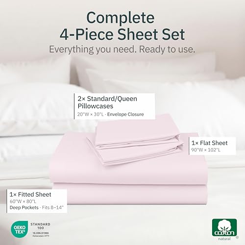 Image of Super Soft 100% Cotton Queen Size Sheets Deep Pocket, 4 Pc Set, Pink