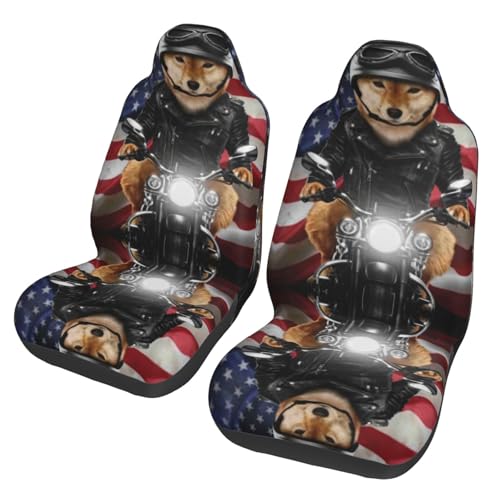 車用シートカバー クッション 軽自動車 2枚セット バイクに乗る柴犬 面白い 動物柄 アニマルプリント 人気 ファッション かわいい 普通車 運転席 助手席 引き込み式 汚れ防止 色あせ防止 前列カバー 柔らかくて快適 防汚 吸湿 速乾 通気性 洗える 運