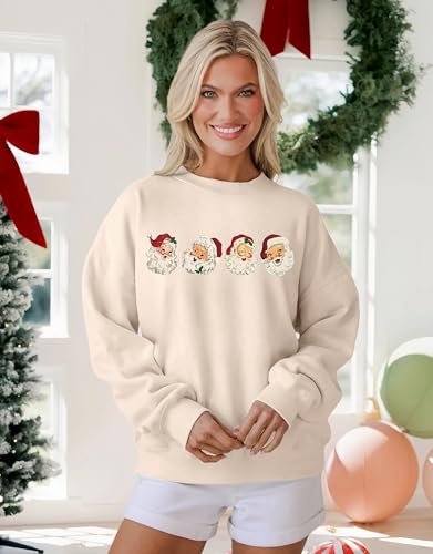 MAPICK Oversized Christmas Sweatshirt for Women Santa Claus Graphic Crewneck Sweaters Retro Xmas Long Sleeve 2025 Clothes(Apricot1,XX-Large) — view 3