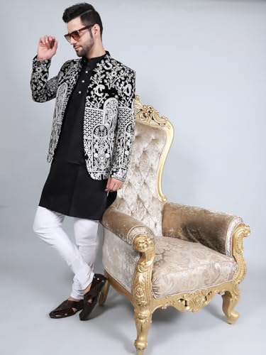 Image of WINTAGE Embroidered Velvet Black Bandhgala :- 46 / 2X-Large :- Blazer1559short
