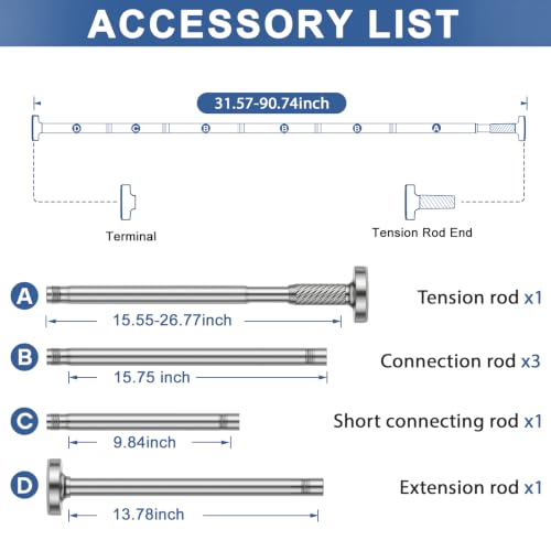 Image of Tension Curtain Rod 32-90Inch Silver Spring Rods Adjustable Curtain | Rods no Drilling Outdoor Tension Rod for Patio, Windows,Closets,Doorway