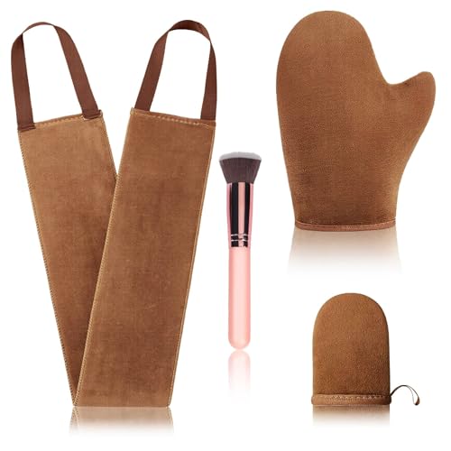 4 Pcs Self Tanner Mitt Applicator Kit - Self Tanning Mitt Glove Self Tanner Back Applicator Mini Face Tanner Mitt Face Tanner Brush Soft Streak-Free Reusable & Washable for Women Girl Men (Brown)