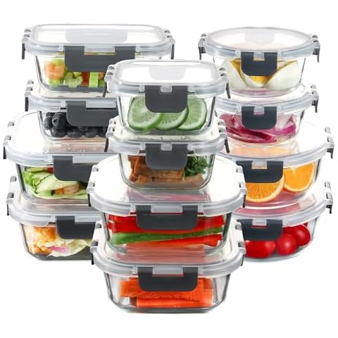C CREST Food Storage Glass Containers Set of 12 with Locking Lids, Multi-Size, Airtight Seal for Freshness, Perfect for Meal Prep and Storage Cover