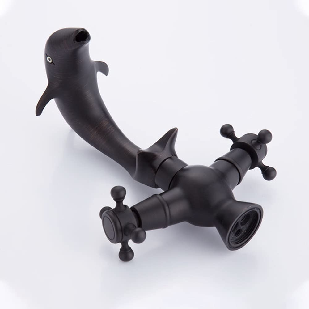 ALYHYB Grifo negro con diseño de delfín de un solo agujero para lavabo de baño caliente y frío retro negro cobre para el cuarto de baño del hotel, balcón, inodoro (tamaño pequeño: