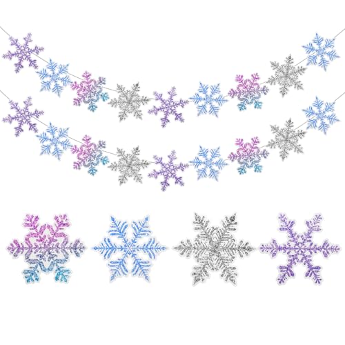 TaoBary 2 Pack Snowflake Garland Banner Winter Party Decorations Blue Purple White Silver Glitter Snowflake Hanging Banner for Winter Wonderland Birthday Baby Shower Party Supplies