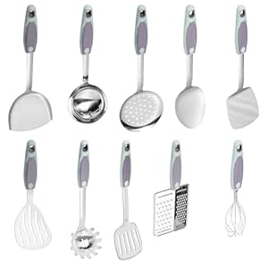 10 PCS Cooking Utensils Set, Stainless Steel Cookware Set With Heat Resistant PP Handle Kitchen Cooking Tools Durable Metal Gadgets Serving Utensils Spoon, Whisk, Ladle